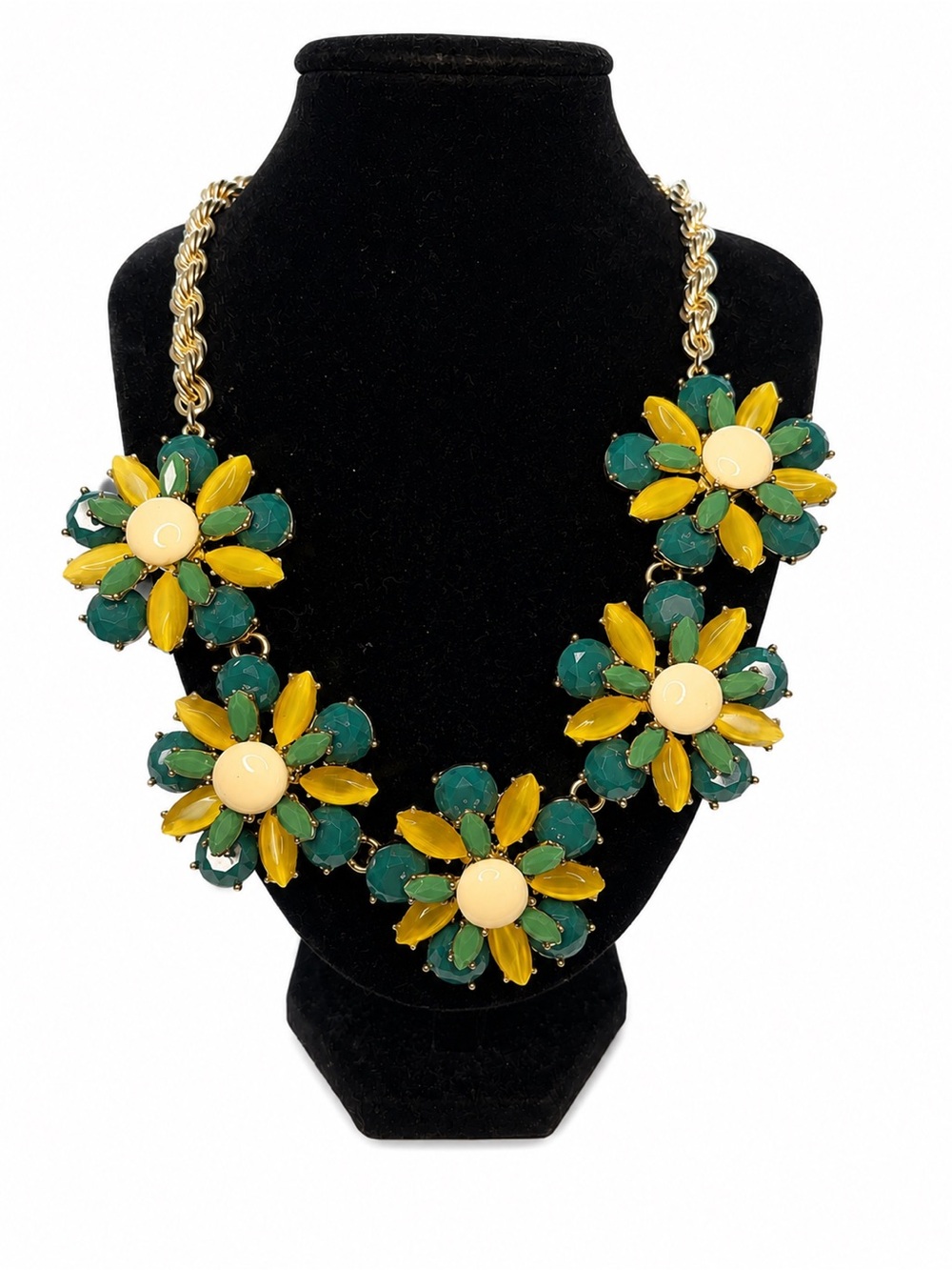 Garden Bloom Statement Necklace Yellow Teal Gold Tone Adjustable